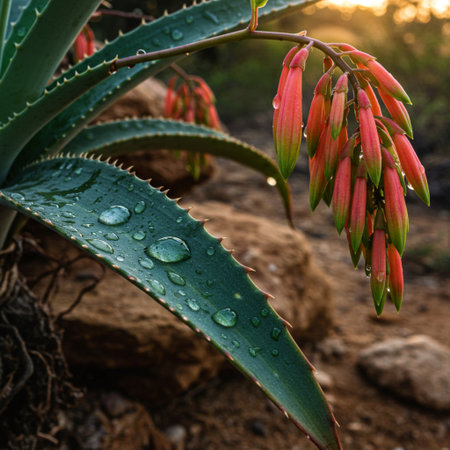Aloe vera plant with dewdrops after the rainの素材