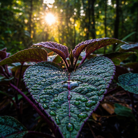 Drops of dew on a leaf in the morning light.の素材