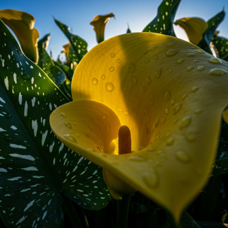 Yellow Calla lily flower with water drops on the petalsの素材