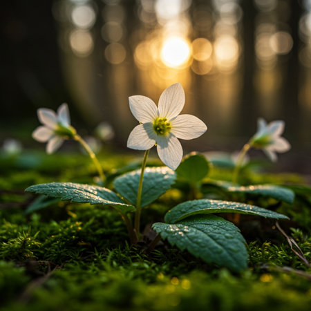 Anemone nemorosa in the forest at sunset. Springtime.の素材