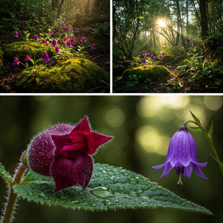 Collage of beautiful spring flowers in the forest with morning dewの素材