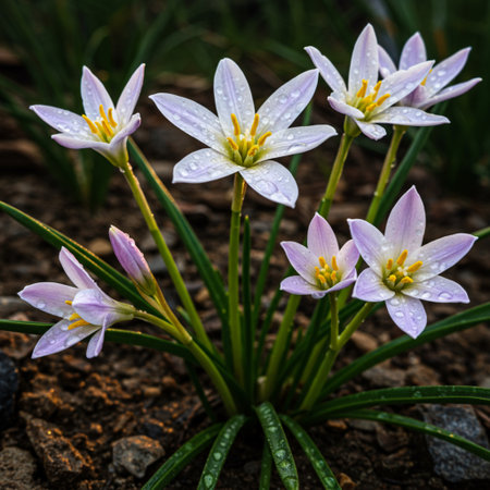 Blooming crocus flowers with raindrops on the petals.の素材