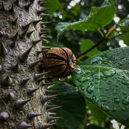 Tropical plant with thorns and water drops on its trunkの素材