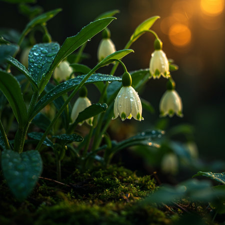 Beautiful blooming snowdrop flowers in the forest at sunrise.の素材