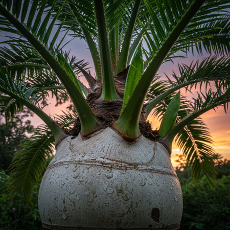 Coconut tree in the garden at sunset. Beautiful tropical background.の素材