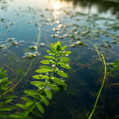 Water drops on the leaves of a fern in the water.の素材