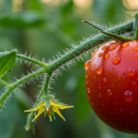 Close-up of a red tomato on a branch with water dropsの素材