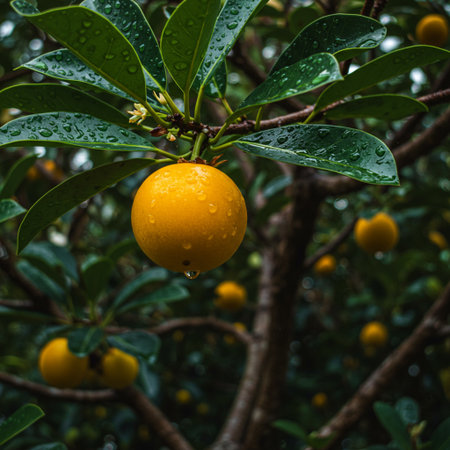 Yellow lemon fruit on the tree with dew drops after rain.の素材