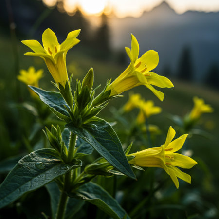 Yellow flowers on a meadow in the mountains at sunset in summerの素材