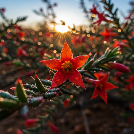 Red flowers with dew drops on the background of the setting sunの素材