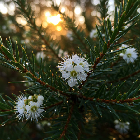 White flowers on a branch of a coniferous tree in the rays of the setting sunの素材