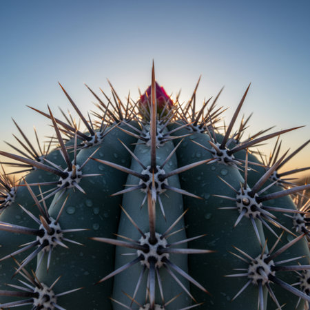 Close up view of a cactus in the desert at sunset.の素材
