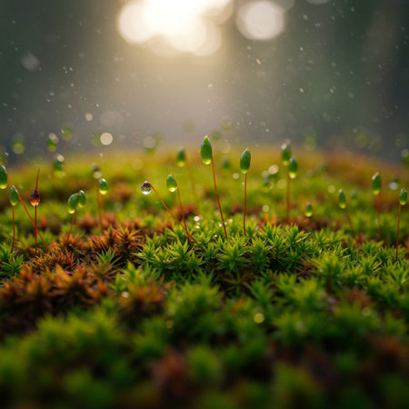 Green moss with raindrops on the ground at sunrise in the forestの素材
