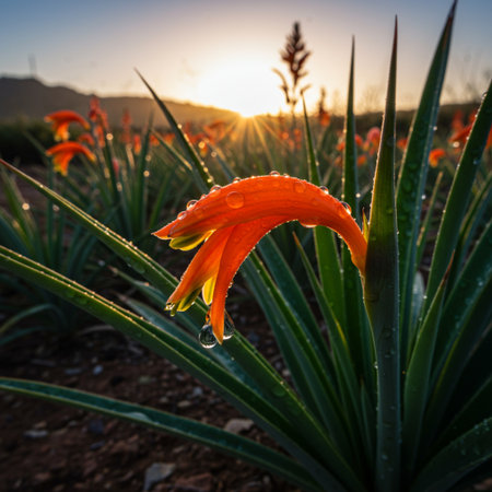 Aloe vera flower with water droplets at sunrise. Aloe Vera is a species of flowering plant in the genus Aloe.の素材