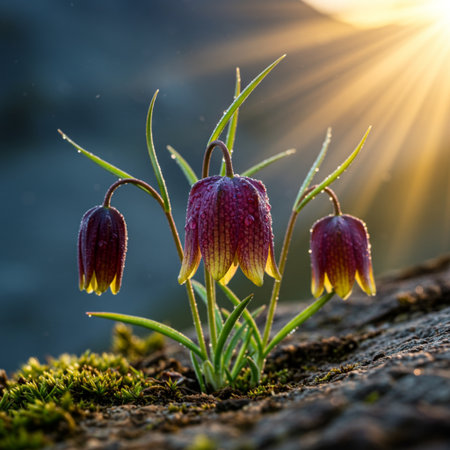 Fritillaria meleagris flowers in the morning sunlightの素材