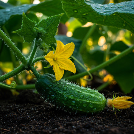 Cucumber growing in the garden. Cucumis sativusの素材