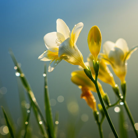 Beautiful yellow freesia flowers with dew drops on green backgroundの素材