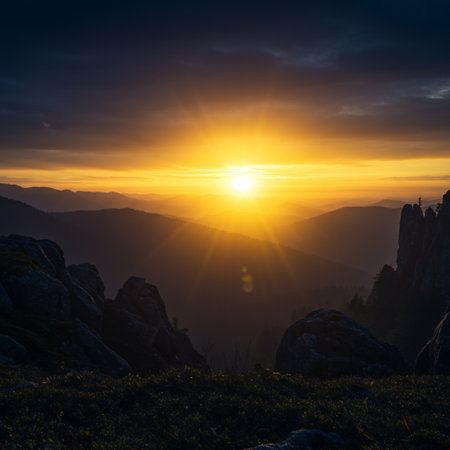 Sunset in the mountains. Beautiful summer landscape with sunrise in the mountains.の素材