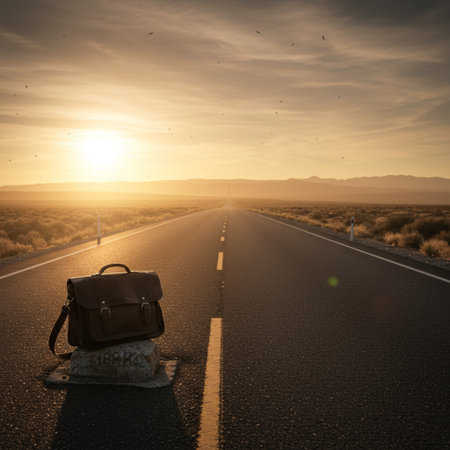 Road in the desert at sunset with a backpack in the foreground.の素材