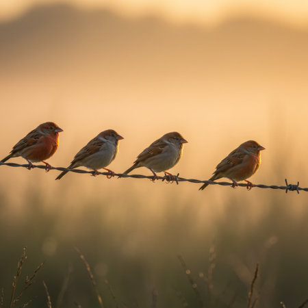 Group of red-breasted bunting perched on a wire in the morning lightの素材