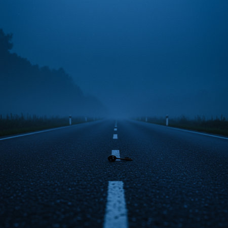 Road in the fog at night with a lamp in the foreground.の素材