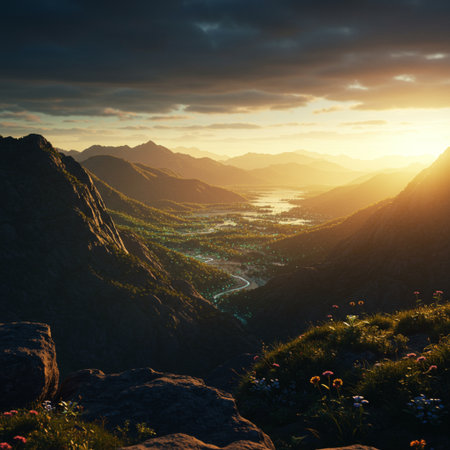 Mountain landscape at sunset. View from the top of the mountain.の素材