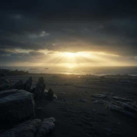 Dramatic sunset on the beach at Dyrholaey, Icelandの素材