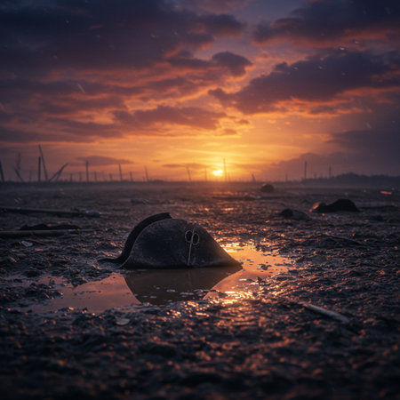 Sunset over a puddle with a kettle in the foreground.の素材
