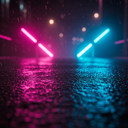 Futuristic dark corridor with neon lights, 3d render illustrationの素材