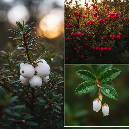 Collage of evergreen shrubs with red berries and dew dropsの素材