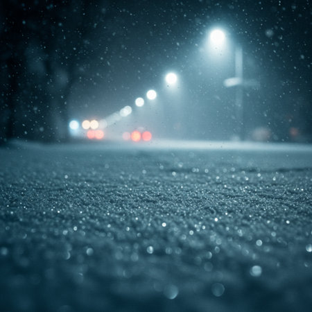 Winter road at night with snow and fog. Blurred background.の素材