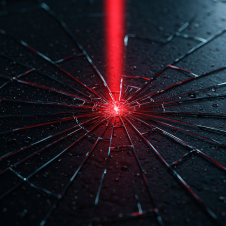 broken glass with a red light in the center on a dark backgroundの素材