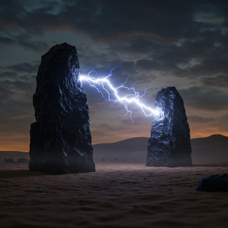 Conceptual image with lightning striking rocks in desert. 3D renderingの素材