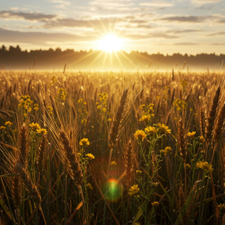 Sunset over the field with golden ears of wheat and wildflowersの素材