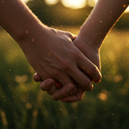 Couple holding hands in the field at sunset. Love concept.の素材