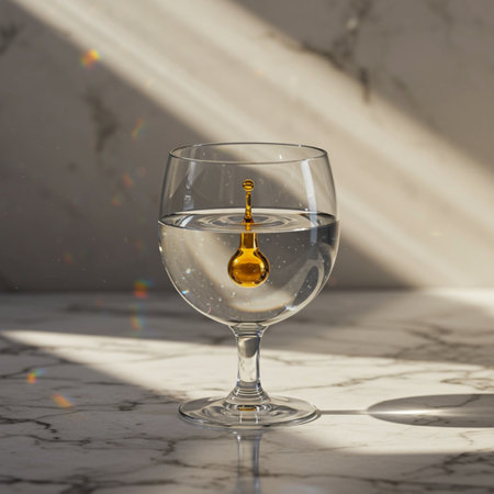 Glass of water with a drop of water on a white marble backgroundの素材