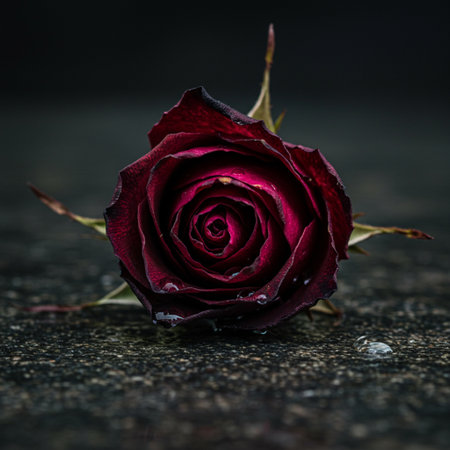 Withered red rose on dark wooden background. Selective focus.の素材