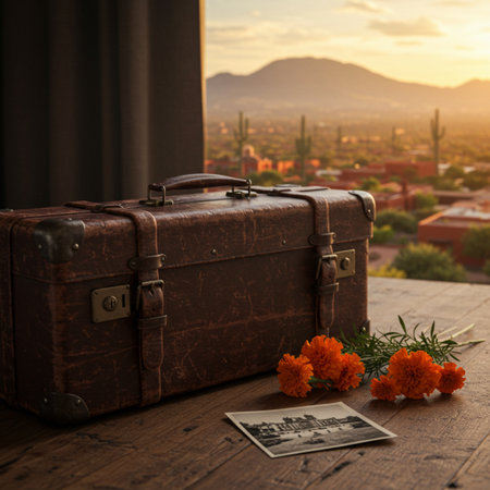 Vintage suitcase and calendula flower on wooden table with cityscape backgroundの素材