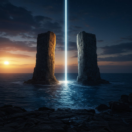 Conceptual sea or ocean landscape with cliffs at sunset or sunriseの素材