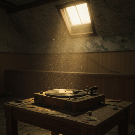 Vintage turntable in the room with light from the windowの素材