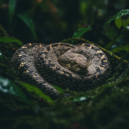 Close-up of a rattlesnake in the rainforestの素材