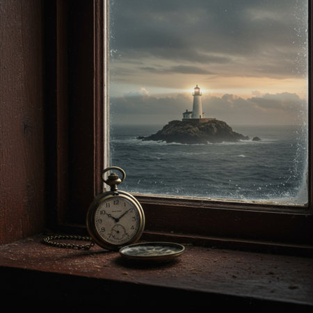 Vintage pocket watch on a window with a view of the lighthouse.の素材