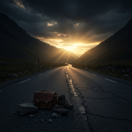 Lonely suitcase on the road in the mountains at sunset.の素材