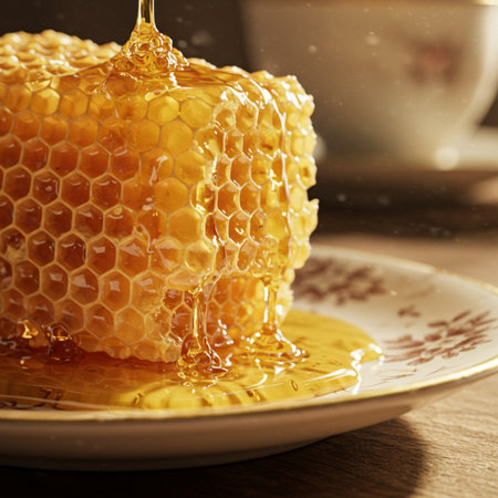 Honeycombs with honey and cup of tea on wooden tableの素材