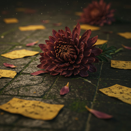 chrysanthemum flower on the floor with autumn leaves.の素材
