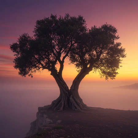 Olive tree on the mountain at sunrise. Crimea, Ukraine.の素材