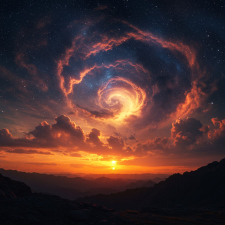 Fantastic starry sky over the mountains at sunset. 3d renderingの素材
