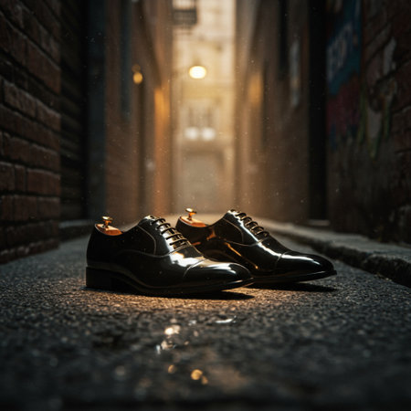 Pair of black leather men's shoes on the street in the rainの素材