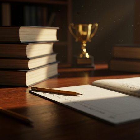 Books on the table with a pencil and a trophy in the backgroundの素材