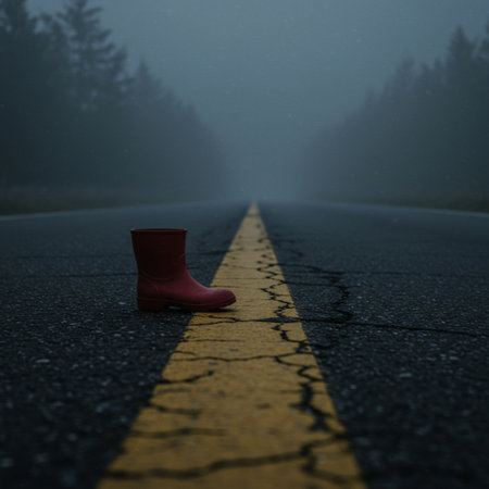 Red rubber boots on the asphalt road in the misty forest.の素材